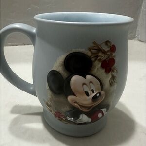 Disney Store Mickey Mouse Mug 3D Raised Red Flowers Berries Blue Ceramic Coffee